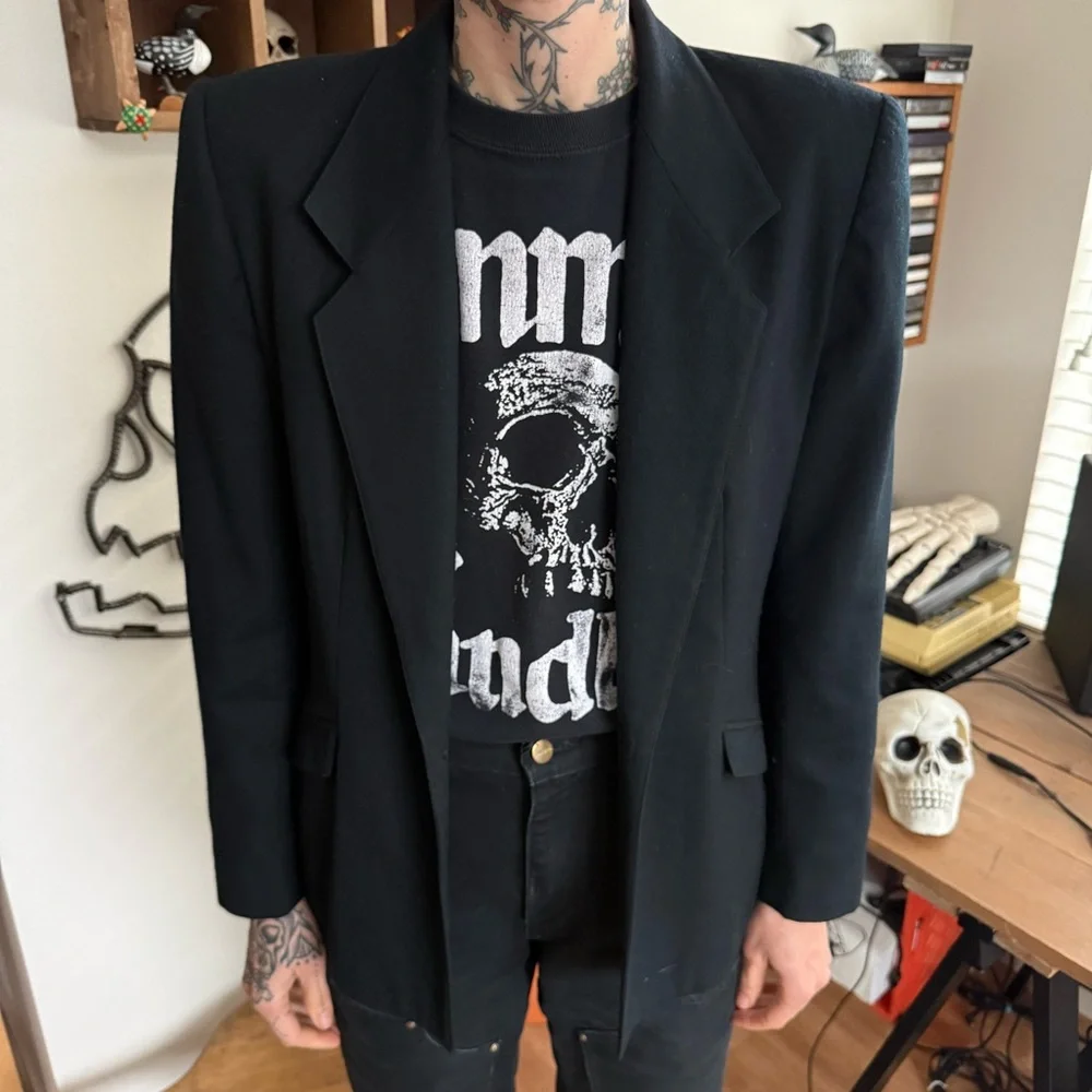 💀 SOLD 💀 Vintage 80s Black Worsted Wool Single Button Blazer by Prophecy ~ Small - Picture 2 of 8